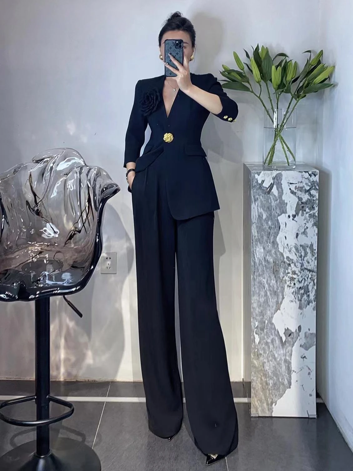 Senior Business Suit Elegant Lady Commute Style Fashion Three-Dimensional Flower Gold Buckle Slim Coat Wide Leg Pants 2Piece Set