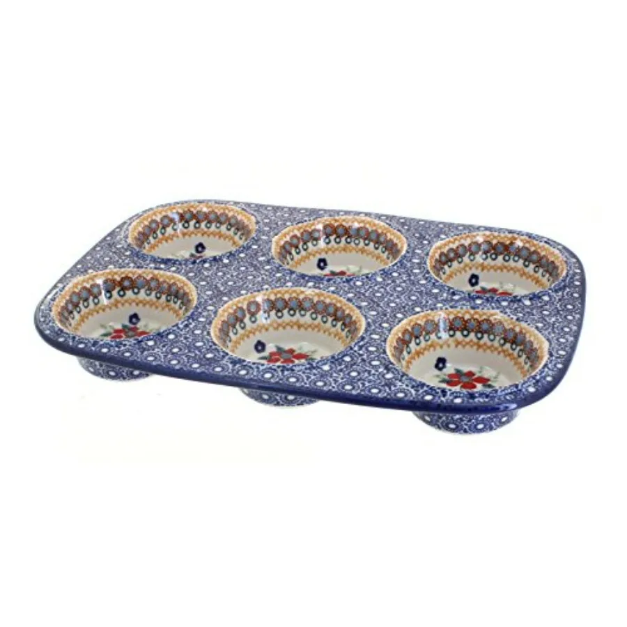 

Керамическая форма для выпечки Blue Rose Polish Pottery Red Daisy, 12.5x8.5, на 6 кексов/маффинов
