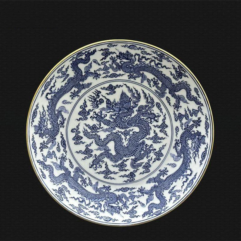 

Декоративная керамическая тарелка из Цзиндэчжэня с золотым узором и сине-белым рисунком дракона, подвесная тарелка, фруктовница