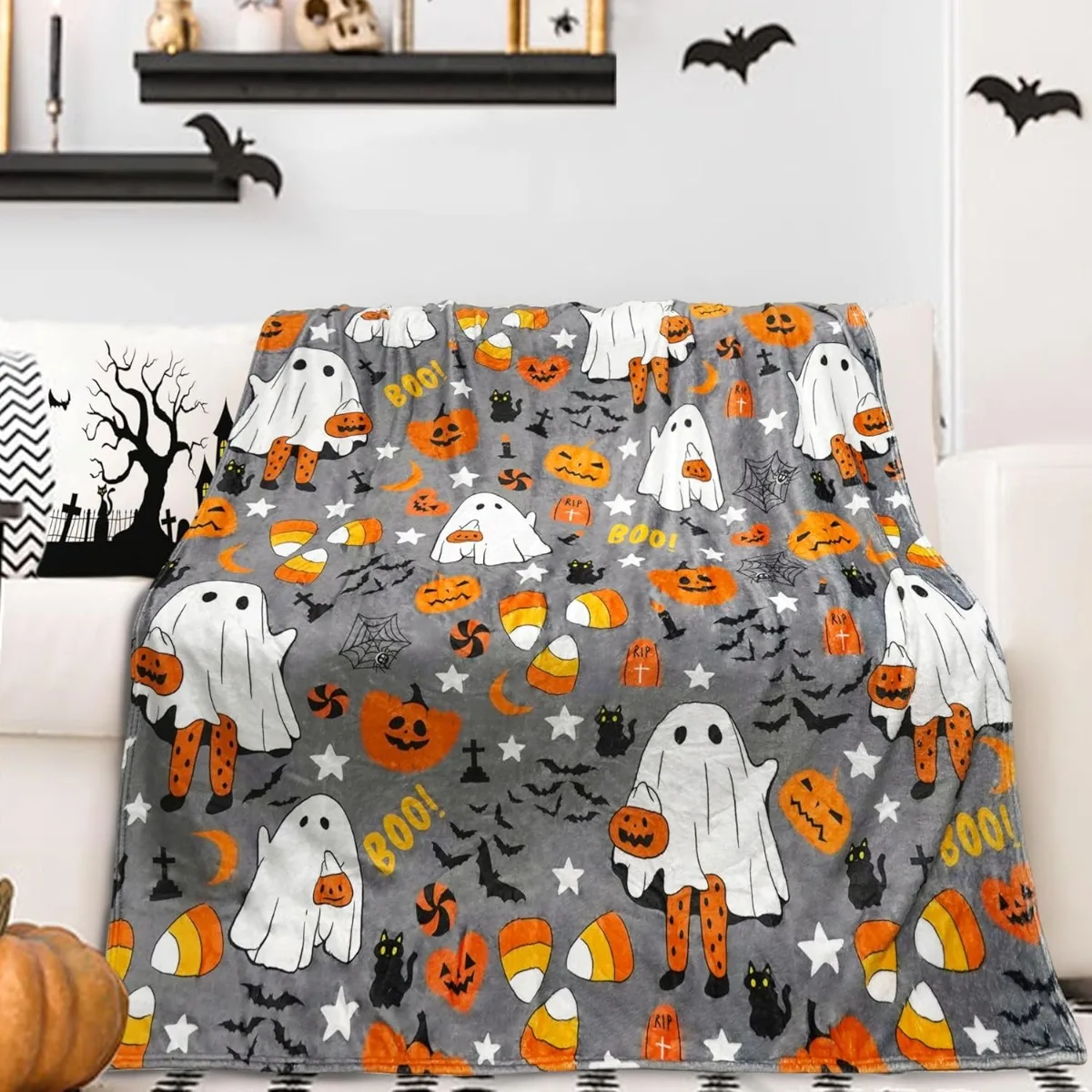 Halloween Blanket Ghost Pumpkin Bat Halloween Throw Blankets Cozy Soft for Bedroom Bed Sofa Decorations