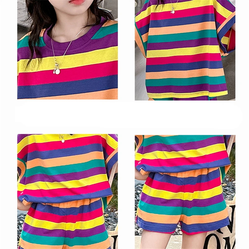 Kids Girl Summer Cotton Rainbow Stripe T-shirt And Shorts Clothing Set Children Fashion Street Style Clothes Suit 2PCS Tracksuit