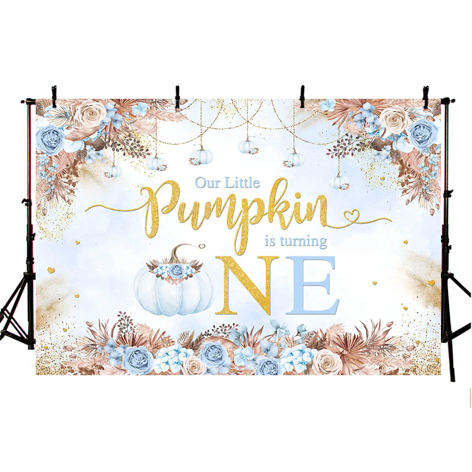 Boho Pink Blue 1 or 2 Year Birthday Backdrop Bohemia Flower Fall Pumpkin Party Decor Kids Portrait Photography Background