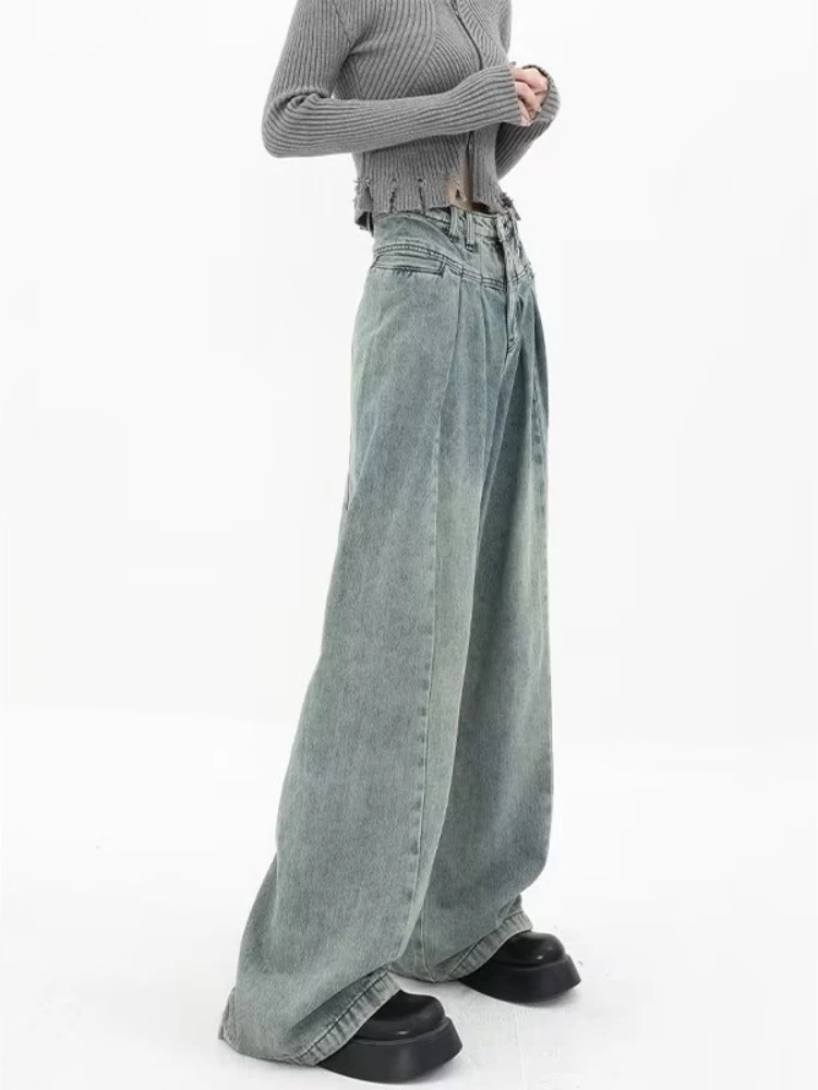 Women Jeans Hong Kong Style Retro Loose Wide Leg Autumn New Patchwork Office High Waist Sweet Cool Floor Mopping Trousers Chic