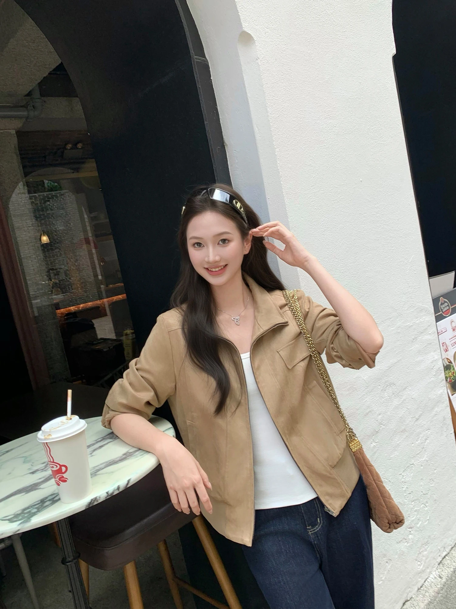 Pusumede Cool Gene Retro Suede Jacket Women's Short Motorcycle Style Cotton Lined Fashionable Casual Polyester Fiber Zipper