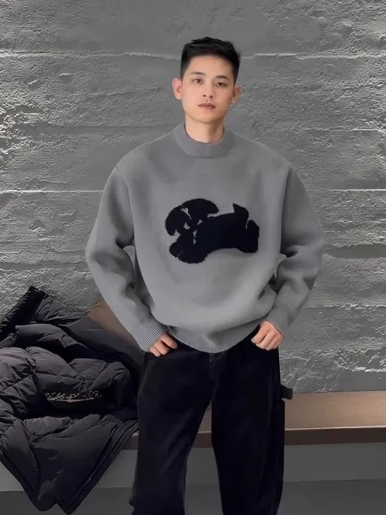 

Thiened Floing Design Dog Patterned Men's Knitted Sweater Casual Loose Fit Autumn Winter Warm Ciwalk Suitable Knitwear
