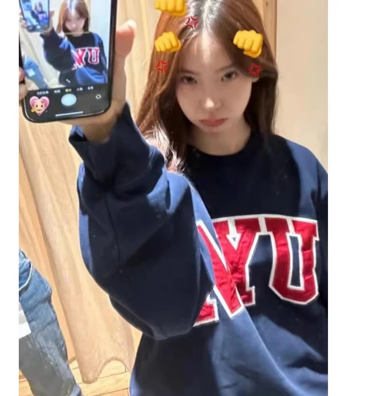 

Свободная толстовка с длинными рукавами и вышитой надписью NYU, женская, новая, осенне-зимняя, синяя, хлопковая, без застежек