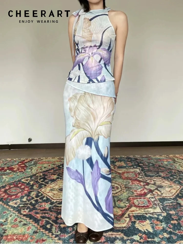 CHEERART Multi-Way Designer Floral 2 Pieces Set For Woman Summer Outfit Vintage Sleeveless Mesh Top And Long Maxi Skirt Sets