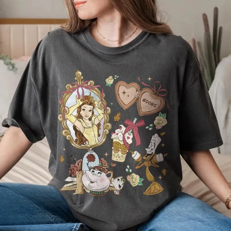 

Disney Belle Princess Once Upon A Time Shirt Beauty and The Beast Shirt Disney Girl's Trip Casual Loose Short-sleeve Clothing
