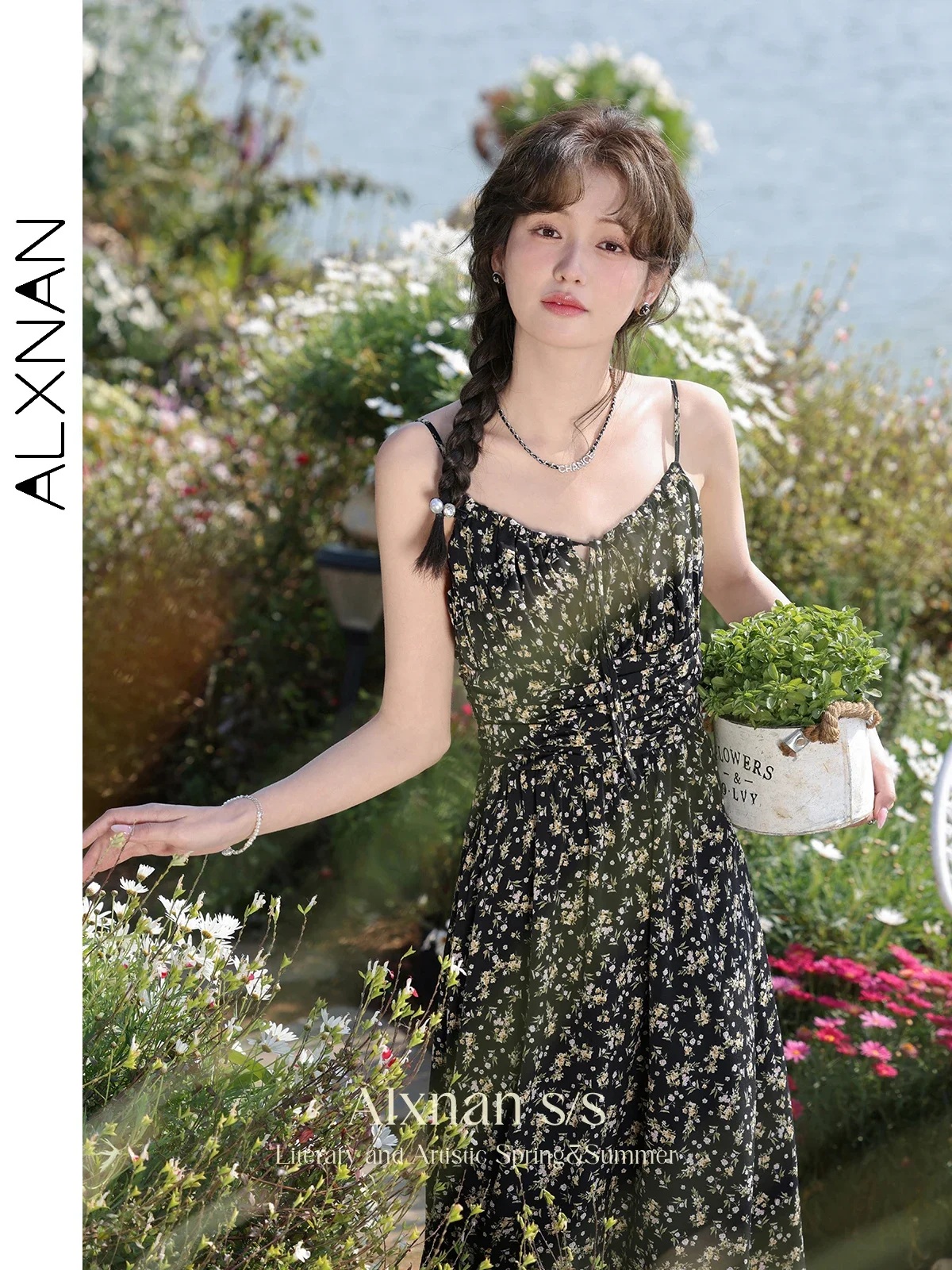 ALXNAN Women Black Ditsy Floral Print Cami Dress 2024 Spring Summer Tie Front Fitted A Line Slip Dress Female Clothes L33635