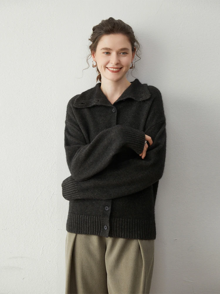 

Домашний повседневный женский свитер, 100% кашемировый свитер, кардиган, осенне-зимняя одежда, воротник-стойка с лацканами, уютное теплое утолщенное вязаное пальто