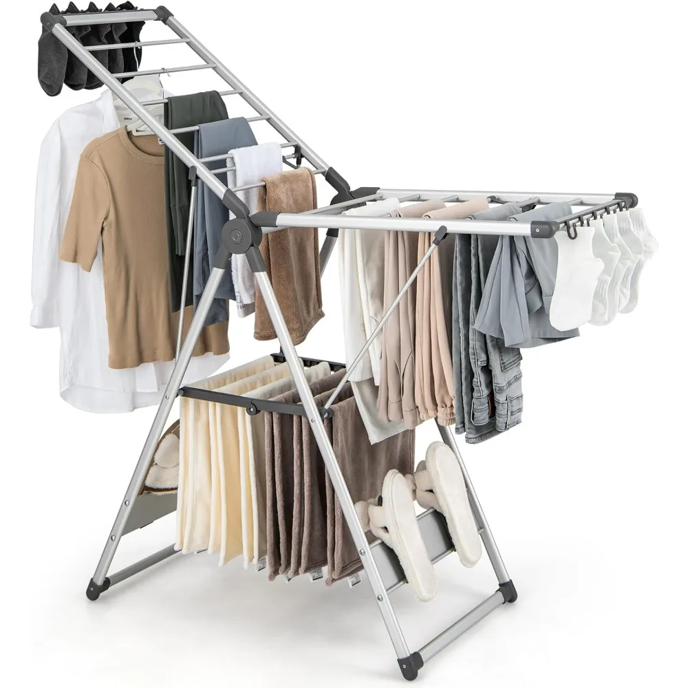 

Clothes Drying Rack, 2-Layer Aluminum Foldable Laundry Drying Rack with 5-Level Adjustable Height, 21 Drying Rails, 10 S