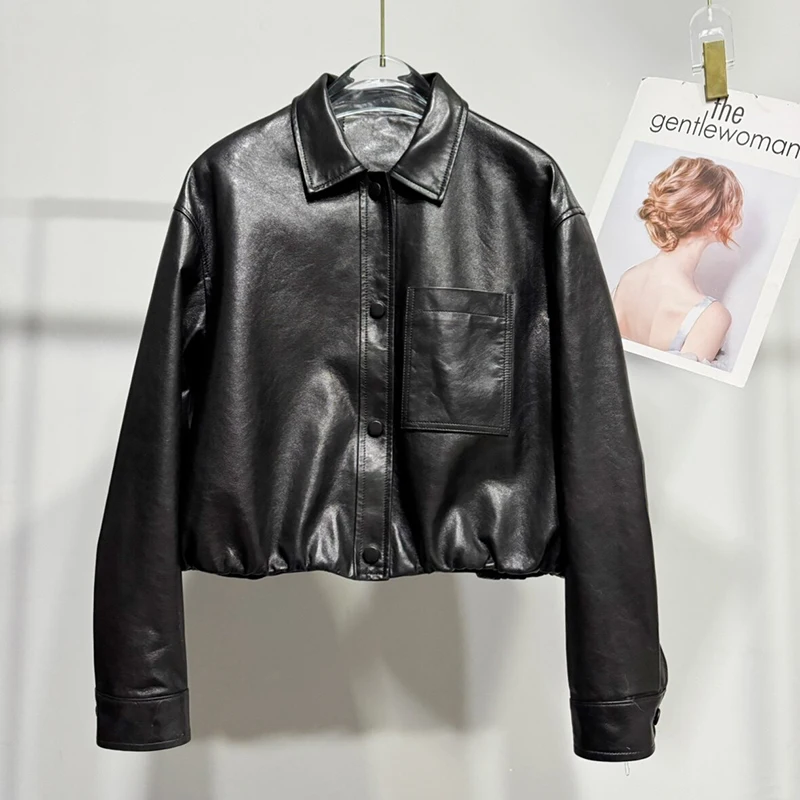 Black/Coffee/Burgundy Leather Jacket Spring Autumn Ladies Lapel Single Breasted Pocket Waxed Sheepskin Loose Short Coat Daily