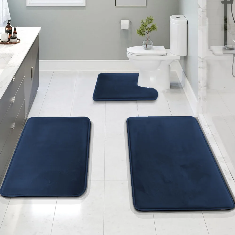 3PC, pure color sponge flat simple style bathroom toilet water-absorbent non-slip floor mat set, can wash home decoration