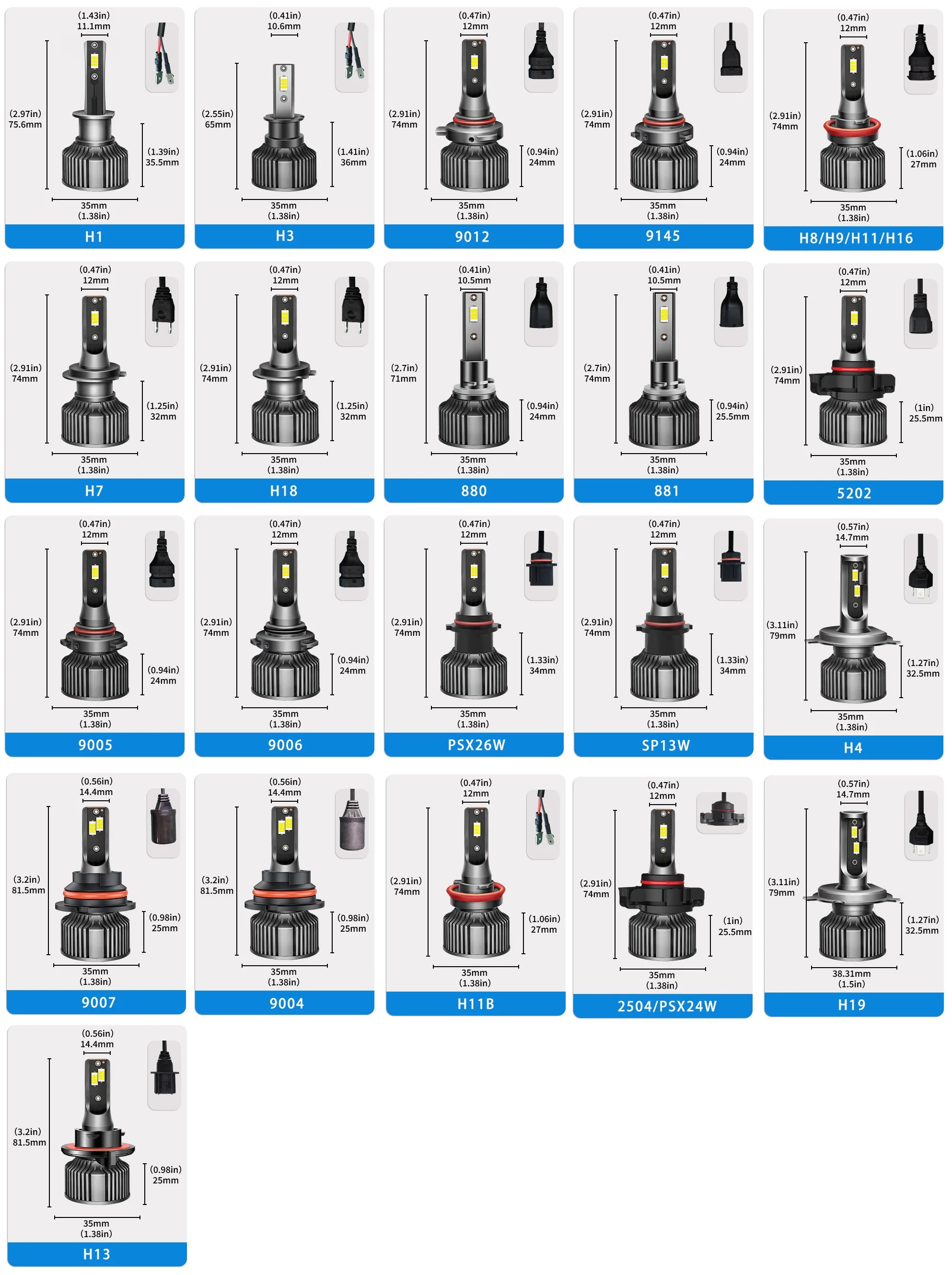 880 881 LED المصباح لمبة H19 H18 H11 H7 H3 ضوء السيارة 4300K 6000K 12V 50W 9007 9004 HB5 HB1 مصابيح السيارات عالية الطاقة