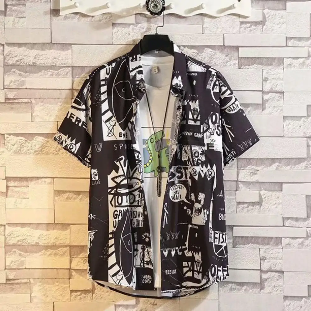 Summer Hawaiian Shirts Lapel Short Sleeve Patch Pocket Men Shirt Summer Casual Graffiti Printed Shirt Streetwear Hiphop Top 남성의류