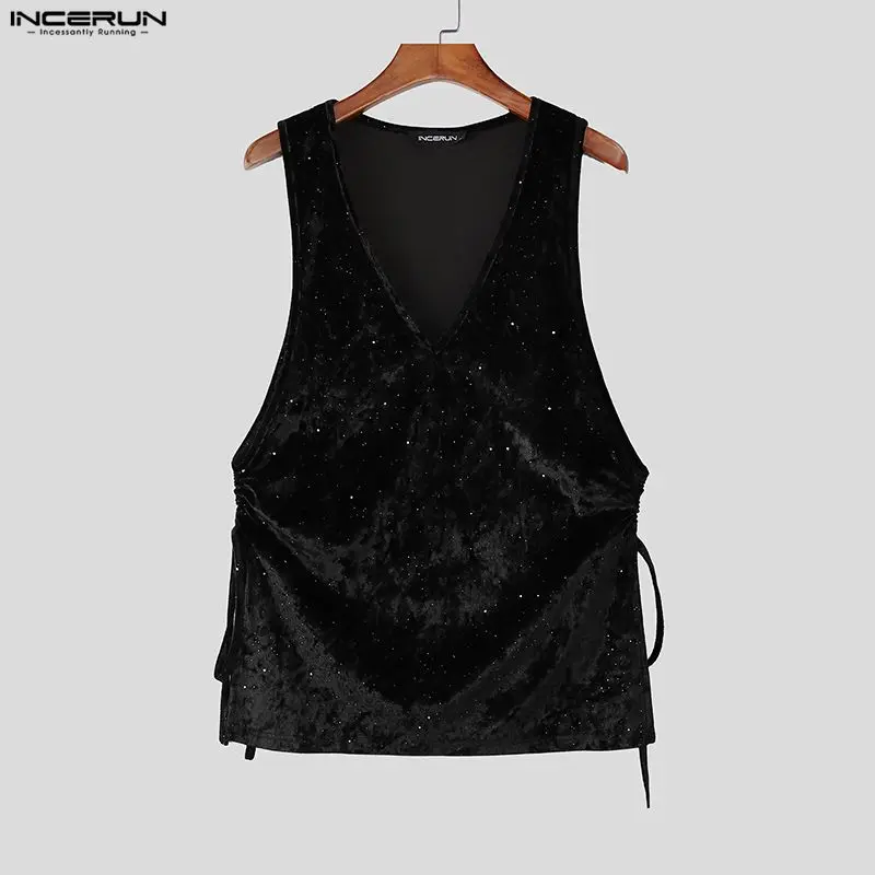INCERUN Men Tank Tops Solid Shiny V Neck Sleeveless Male Vests Streetwear 2026 Drawstring Fashion Party Men Clothing Sparkling