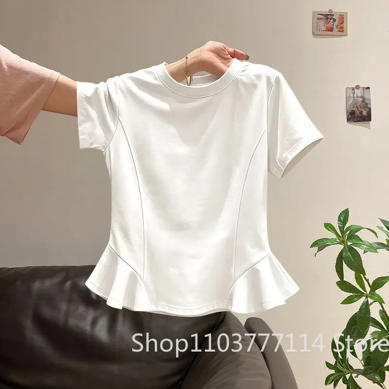 Sommerliches Damen-T-Shirt mit kurzen Ärmeln, einfarbig, lässige Kleidung, koreanische Version, schmal geschnitten, modisches Rundhals-Oberteil mit Rüschen – Detail 2