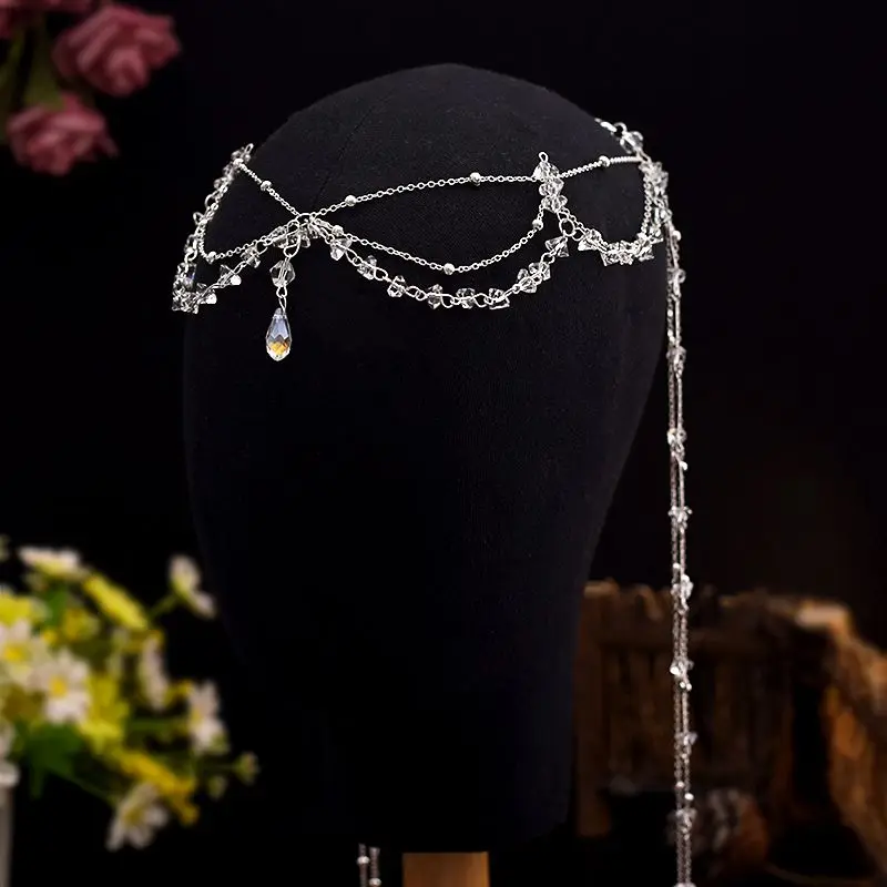 Super Fairy Hair Adornment Set Light Luxury Forehead Chain Princess Long Fringe Crystal All-in-one Headdress Tiara