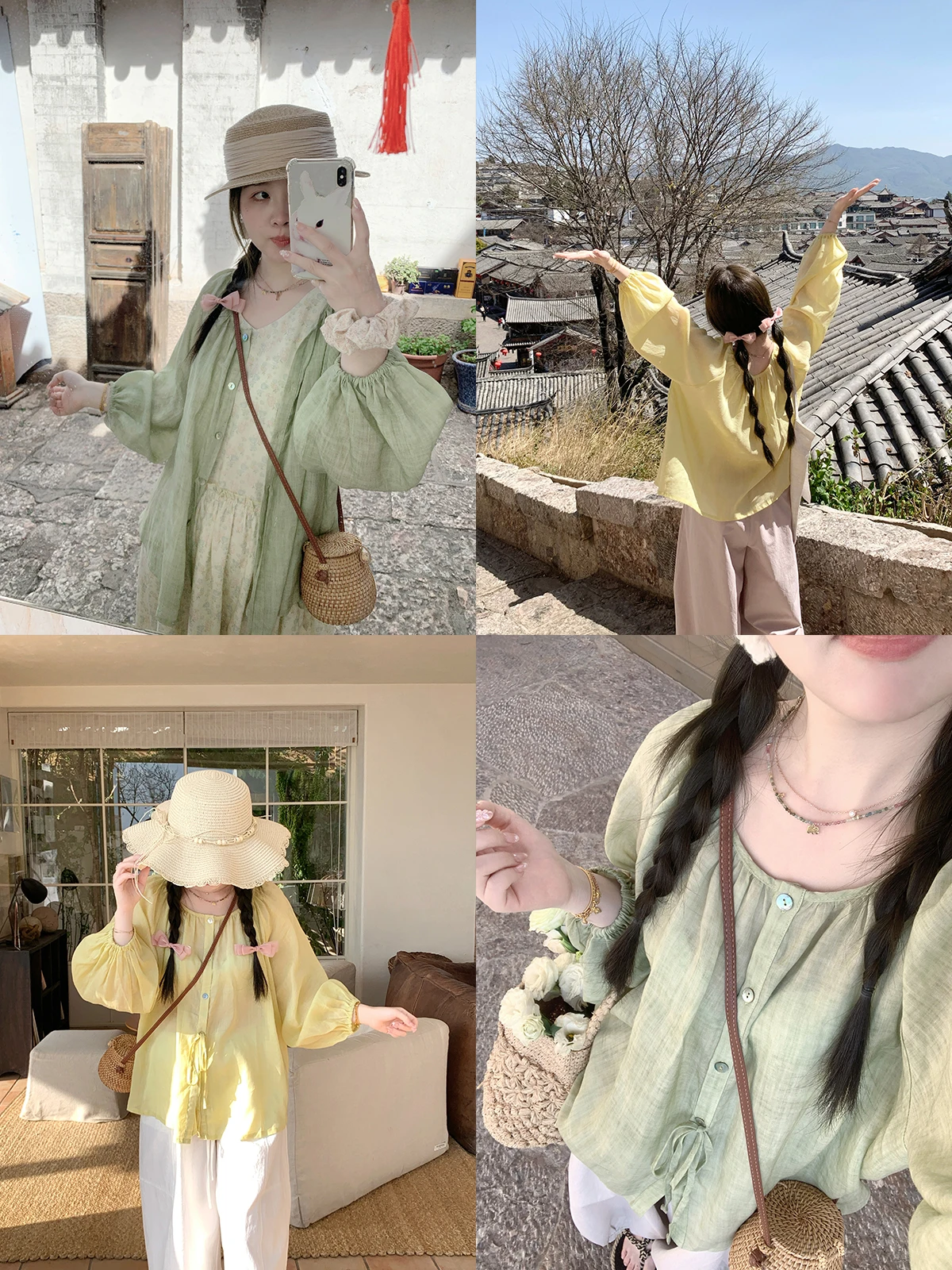 

LL 26SS Women's Double-Sided Wear Lemon Yellow Lyocell Lantern Sve irt Sun Protection Casual Loose Fit Long Sve