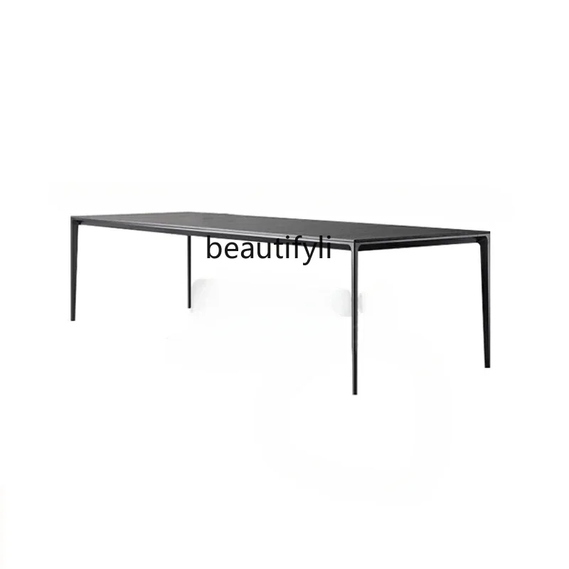 

black rock slab dining table household small apartment Italian minimalist light luxury aluminum alloy rectangular dining table