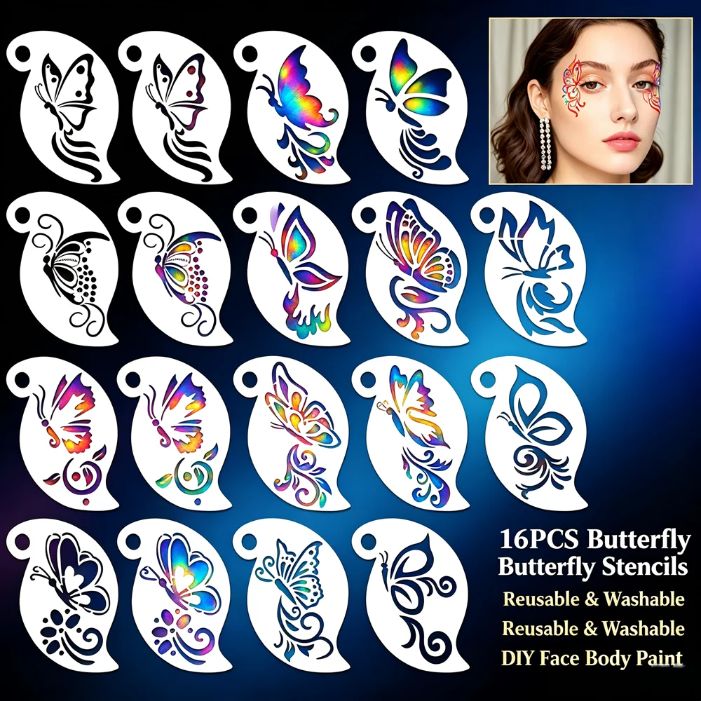Face Painting Stencils Reusable 16Pcs Butterfly Design Templates for DIY Graffiti /Tattoo/Stage/Holiday Art Makeup, Kids & Adult