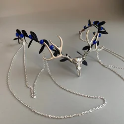 Handmade Gothic Headpiece Elf Cirlet with Crow Skull Dark Woodland Tiara for Women Girls Witch Renaissance Halloween Cosplay