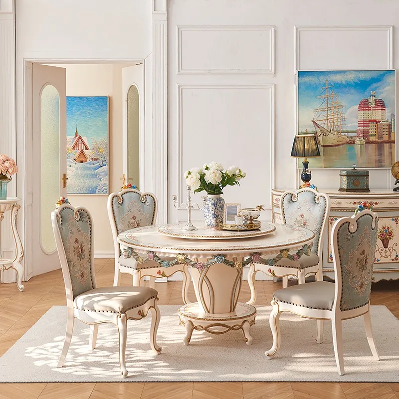 فيلا على طراز الأميرة الفرنسية مصنوعة بالكامل من الخشب الصلب بطول 1.5 متر مع طاولة طعام وكراسي مستديرة مرسومة يدويًا على شكل زهرة #4