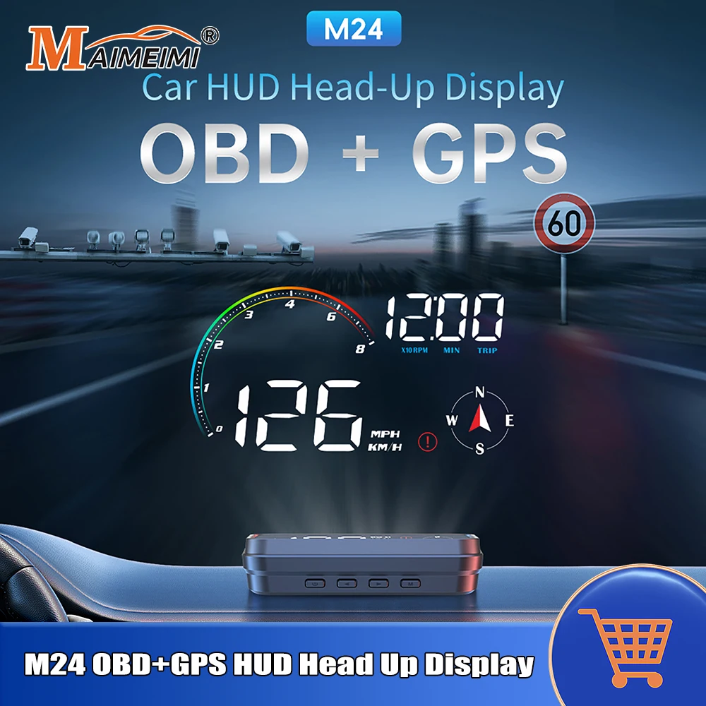 

Проекционный дисплей M24 GPS+OBD для автомобиля на лобовое стекло: спидометр, вольтметр, тахометр, показатель уровня топлива, температура воды, компас, сигнализация превышения скорости