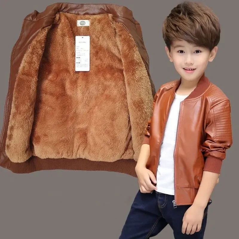 Boys Coats Autumn Winter Fashion Children\'s Plus Velvet / No Velvet Two styles Warming Cotton PU Leather Jacket For 2-14Y Kids