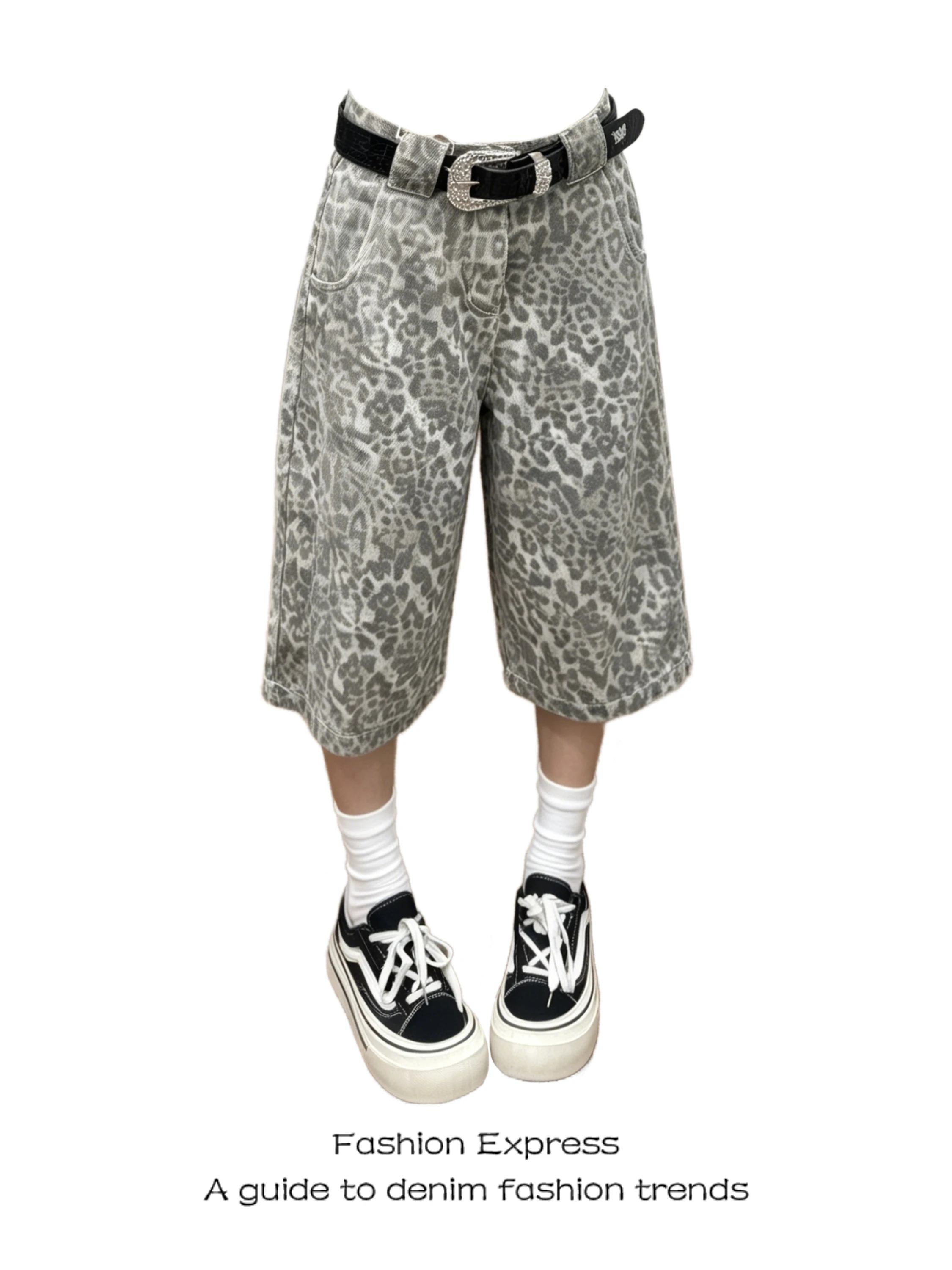 

Retro American Denim High Waist Wide Leg Short Pants Women's Summer Loose Fit Leopard Print Casual Style Standard Size Jeans
