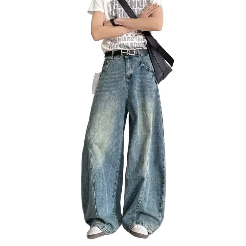 

High Street Vibe Curved Knife Wide Leg Jeans Men's Trendy Cleanfit Patchwork Loose Washed Distressed Floor Pants ripped jeans