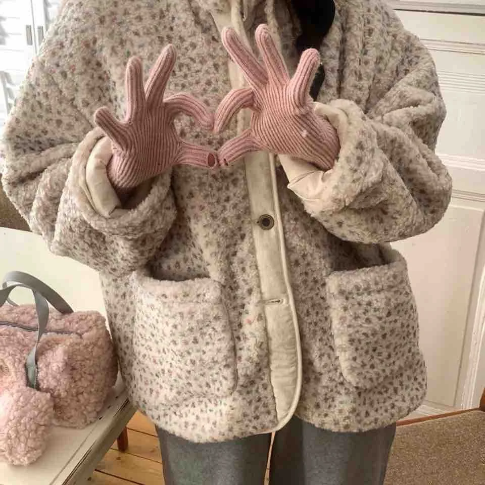 Korean Style Floral Print Lamb Fur Jacket Casual Loose Soft Outerwear Autumn Winter Polyester Fiber Sweet Style Women's Coat