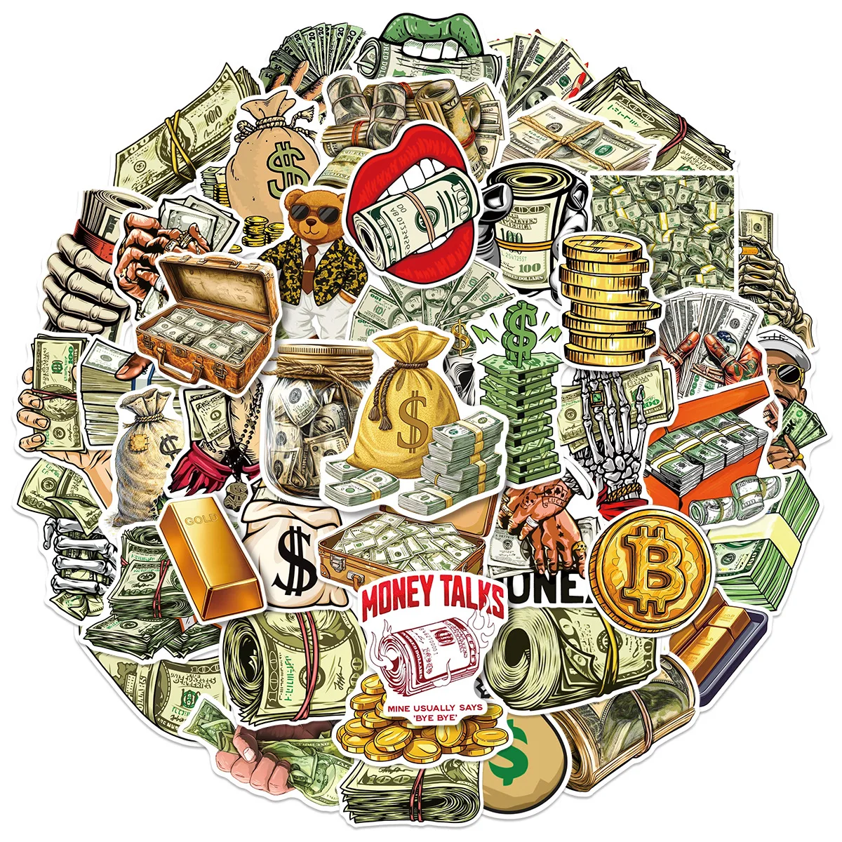 50PCS Money Stickers Dollar Bill Funny Cash Gold Coin Bitcoin Wealth Cartoon Decorable Water Cup Waterproof Sticker Kids Toy