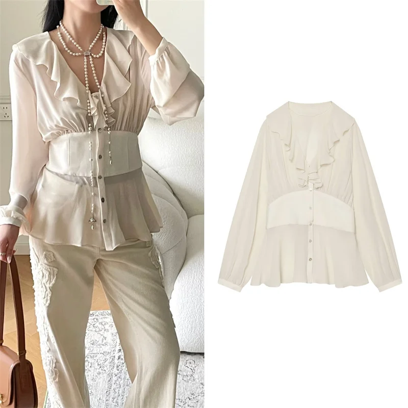 Guobioziy Women's Shirt 2026 Early Autumn New Style Fashionable V-Neck Waist-Cinching Slightly Sheer Layered Decorative Shirt