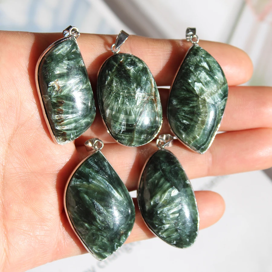 Unit One Piece Half Silver With Natural Green Seraphinite Crystal Freeform Shaped Necklace Pendant