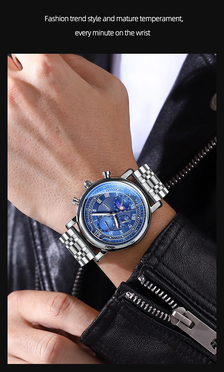 Chenxi 976 Leather Chronograph Date Men's Phase Of The Moon Timing Business Luminous Quartz Watch Relojes Para Hombres
