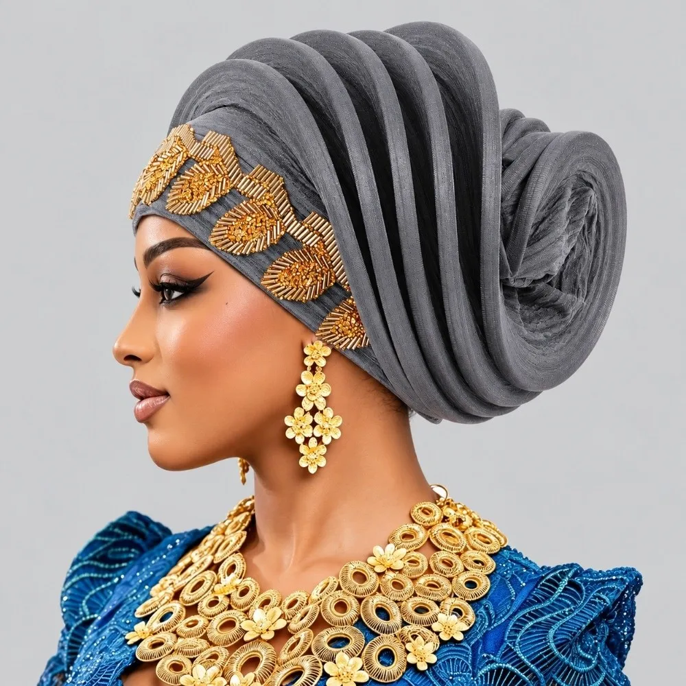 Elegant Shiny African Gele Headwrap Leaf Polyester Yoruba Turban Hat Multiple Color Options Pre-tied Traditional Headpiece Women