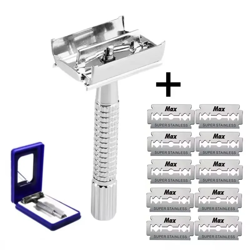 ( 1Machine+10 Blades ) Double-Sided Safety Stainless Steel Manual Men's Razor Non-slip Handle Butterfly Quick replacement blade