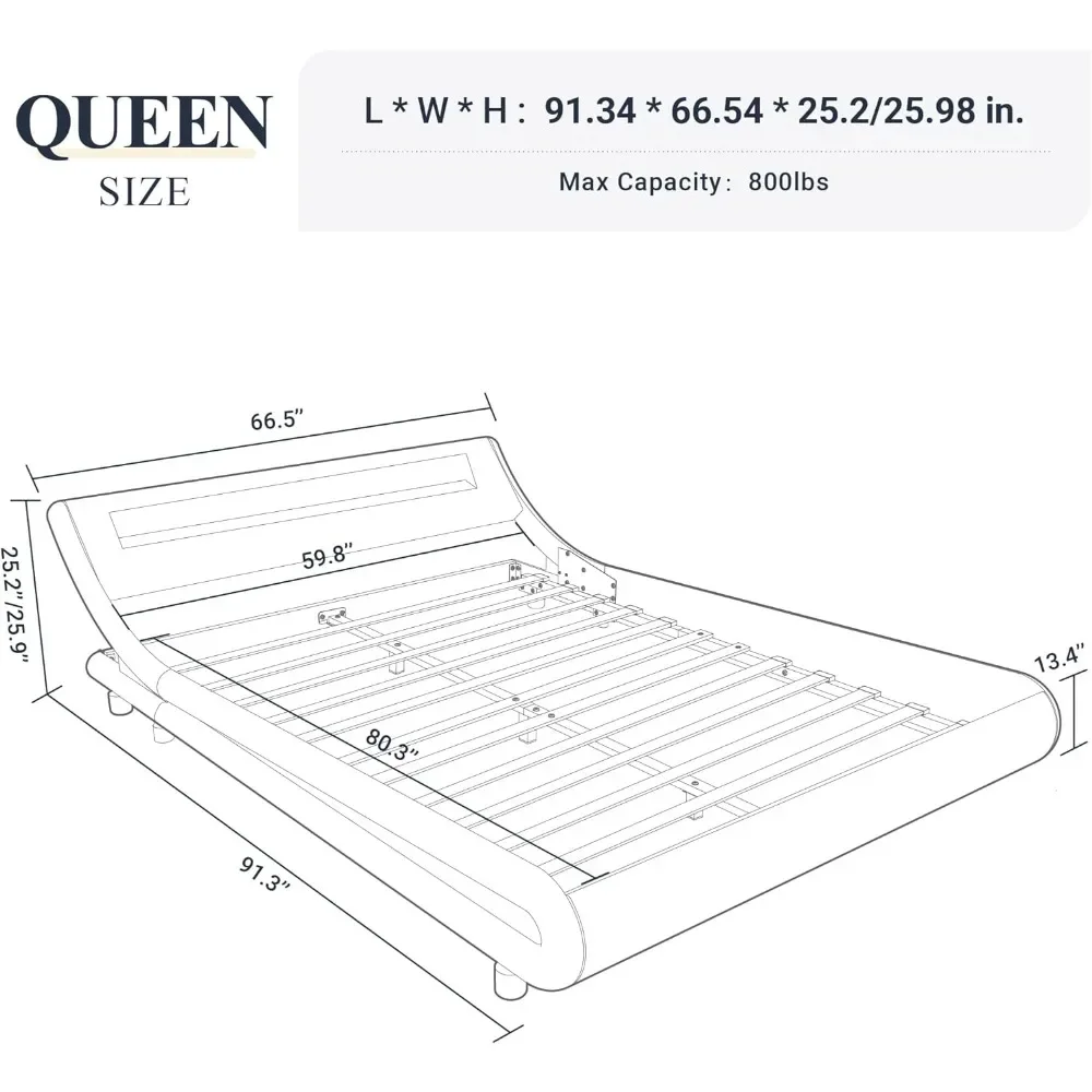 Queen Bed Frame with Adjustable Headboard No Box Spring Need Easy Assembly Faux Leather, LED Platform Bed