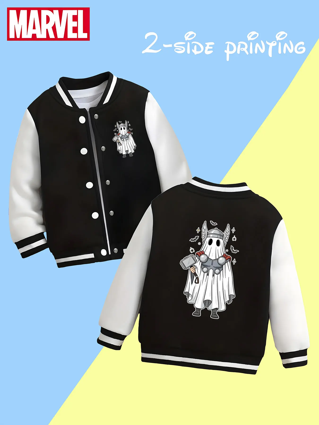 

MINISO Marvel Thor funny boys' baseball jacket - Thor dressed as a ghost holding a hammer, double-sided to show interesting imag
