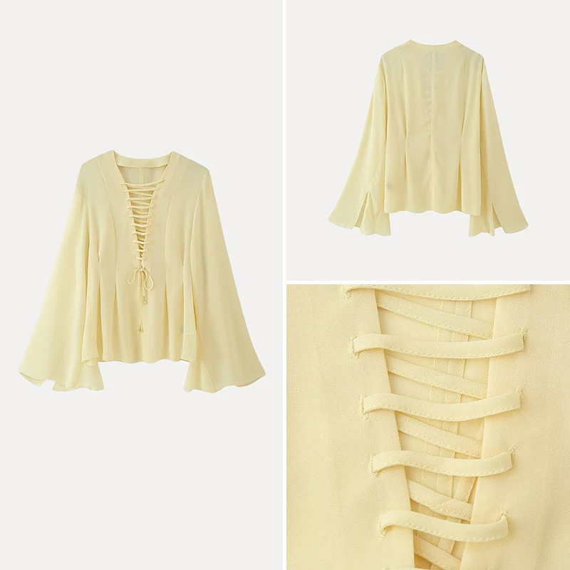 

Spring 2025 Women's Faionable Loose Polyester Chiffon irt Belted Versatile Street Sle Long Sve Pure Color Casual irt