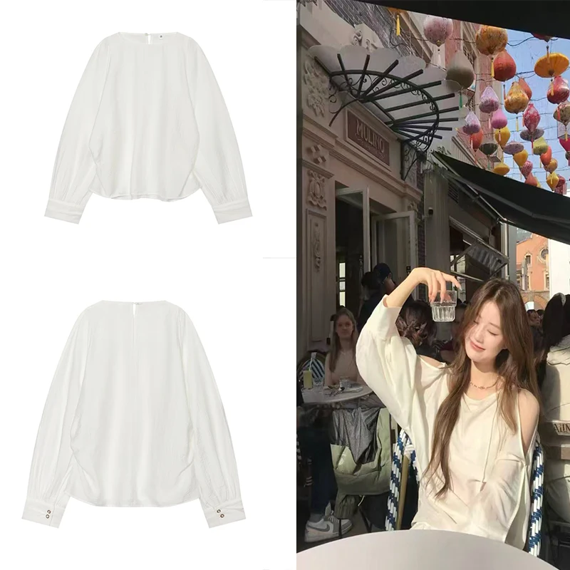 Guobioziy 2026 Women's White Crew Neck Long Sleeve Top with Side Arm Slits, Loose and Lightweight, Everyday Basic Workwear Top