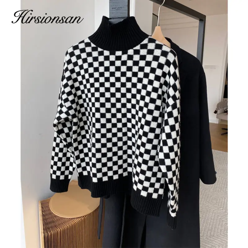 Hirsionsan Winter Vintage Turtle Neck Plaid Sweater Women Basic Loose Knitted Pullover Ladies Thick Warm Knitwear Female Clothes