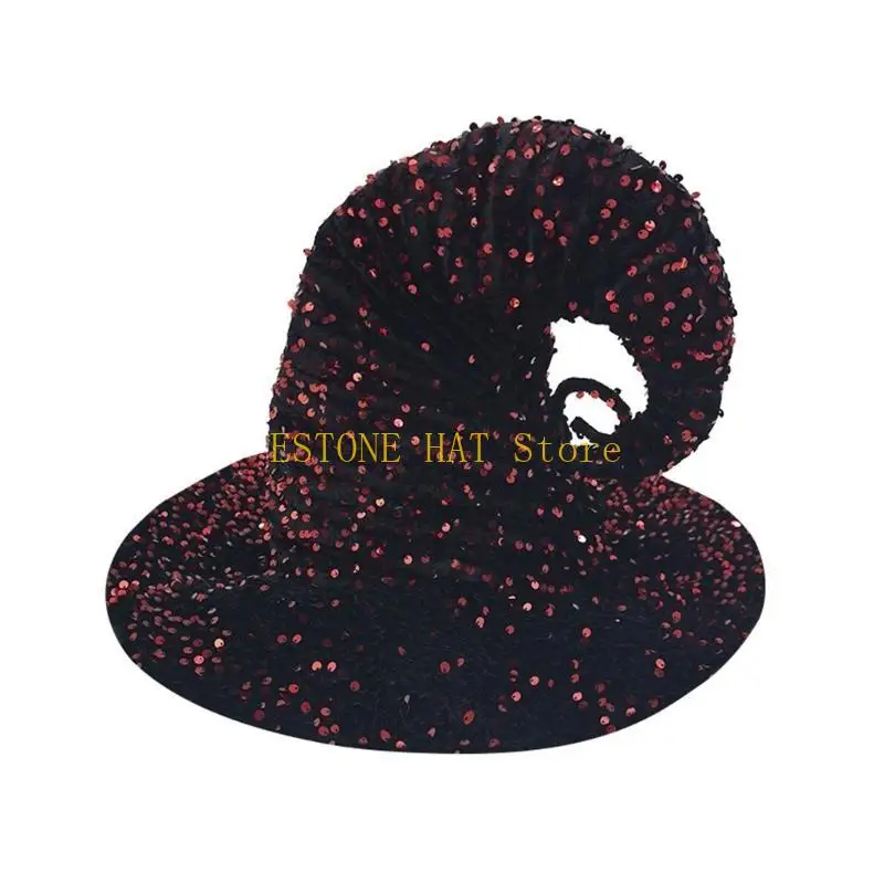 49MF Halloween Witch Hat for Adult Unisex Sequined Wizard Hat Roleplaying Pointed Hat Theme Party Dark Series Cloche Hat