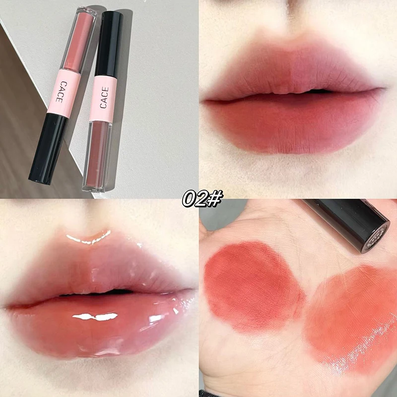 CACE Doppelseitiger Lippenstift Lipgloss Sexy Rot Make-up 2-in-1 Stick Lip Mud Spiegelglanz Lip Glaze Tint Langanhaltende Kosmetik