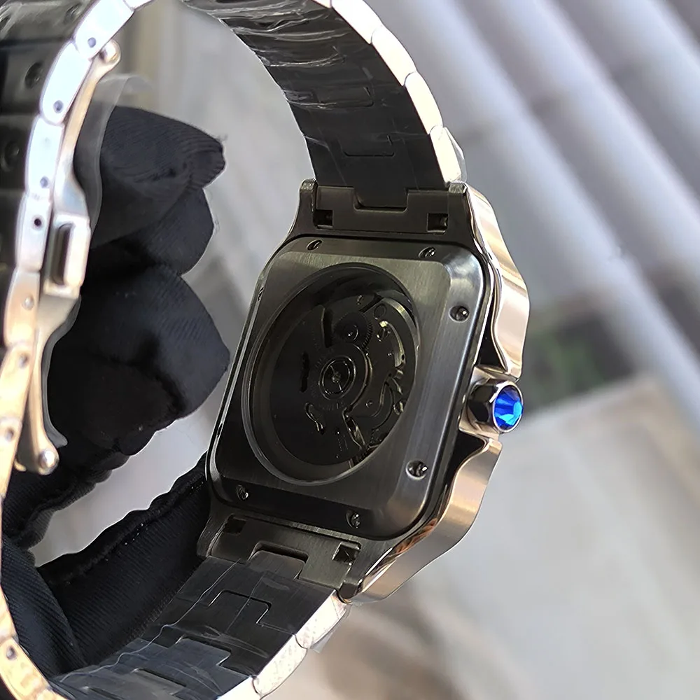 Nuovo orologio da uomo NH35 quadrante rosso vino quadrante quadrato romano orologio da uomo in acciaio inossidabile 38MM orologio Santos movimento NH35