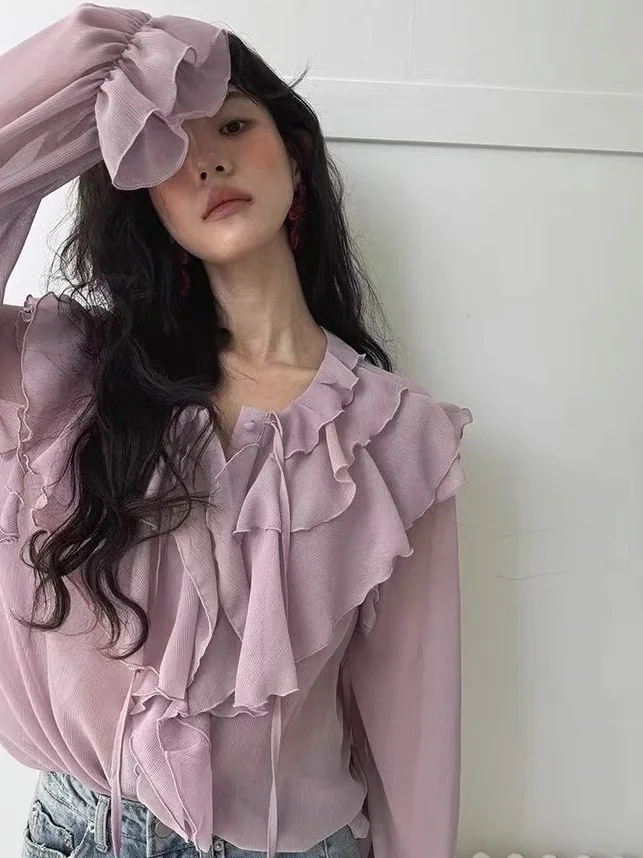 Chic lourd embelli Sa irt femmes printemps nouveau ample mince cloche Sve haut en mousseline de soie Faionable trajet pur commerce électronique