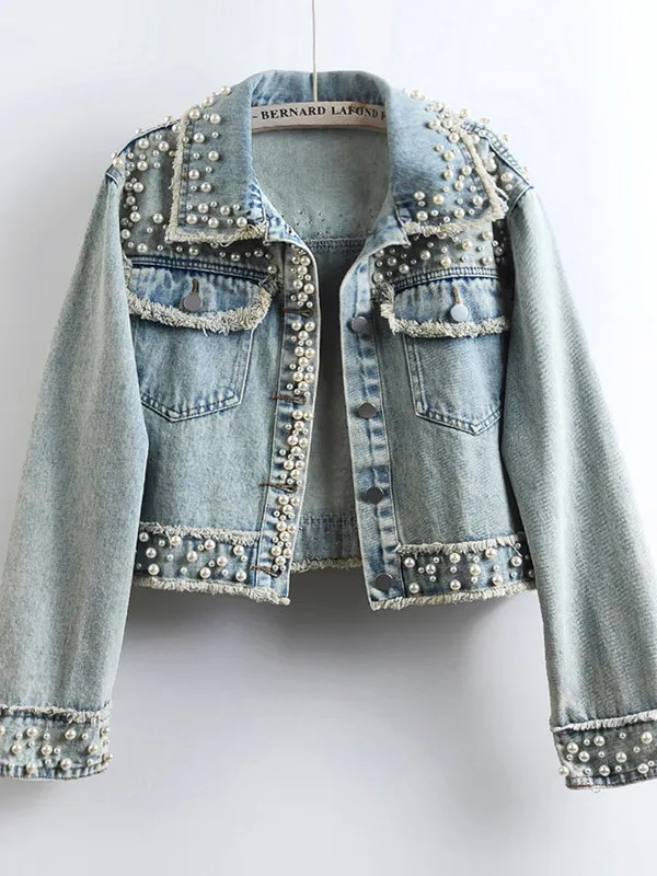 Spring Autumn Heavy Duty Rhinestone Frayed Denim Jacket Women Short Loose Slimming Long Sleeve Jacket Trendy  Collar Button