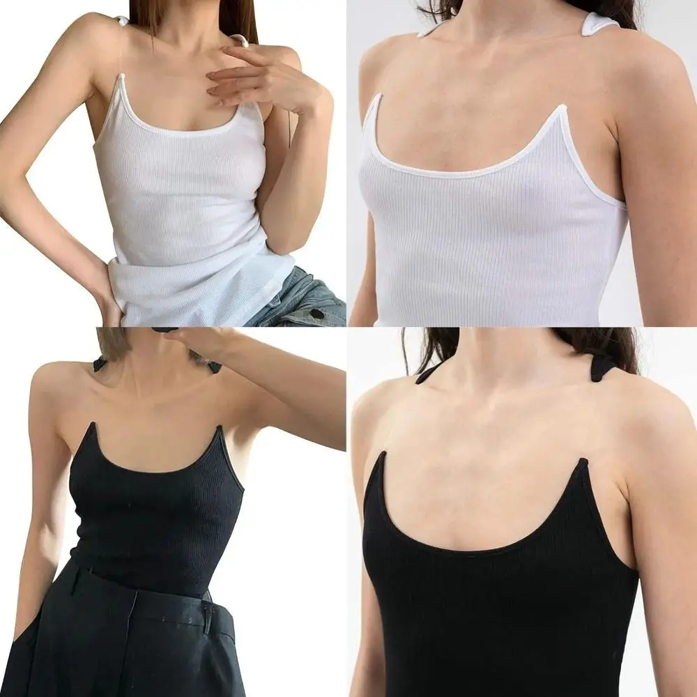 Soft Sexy Large U Neck Vest Breathable Skin-friendly Invisible Strap Camisole Solid Color Black Color Sleeveless Crop Top