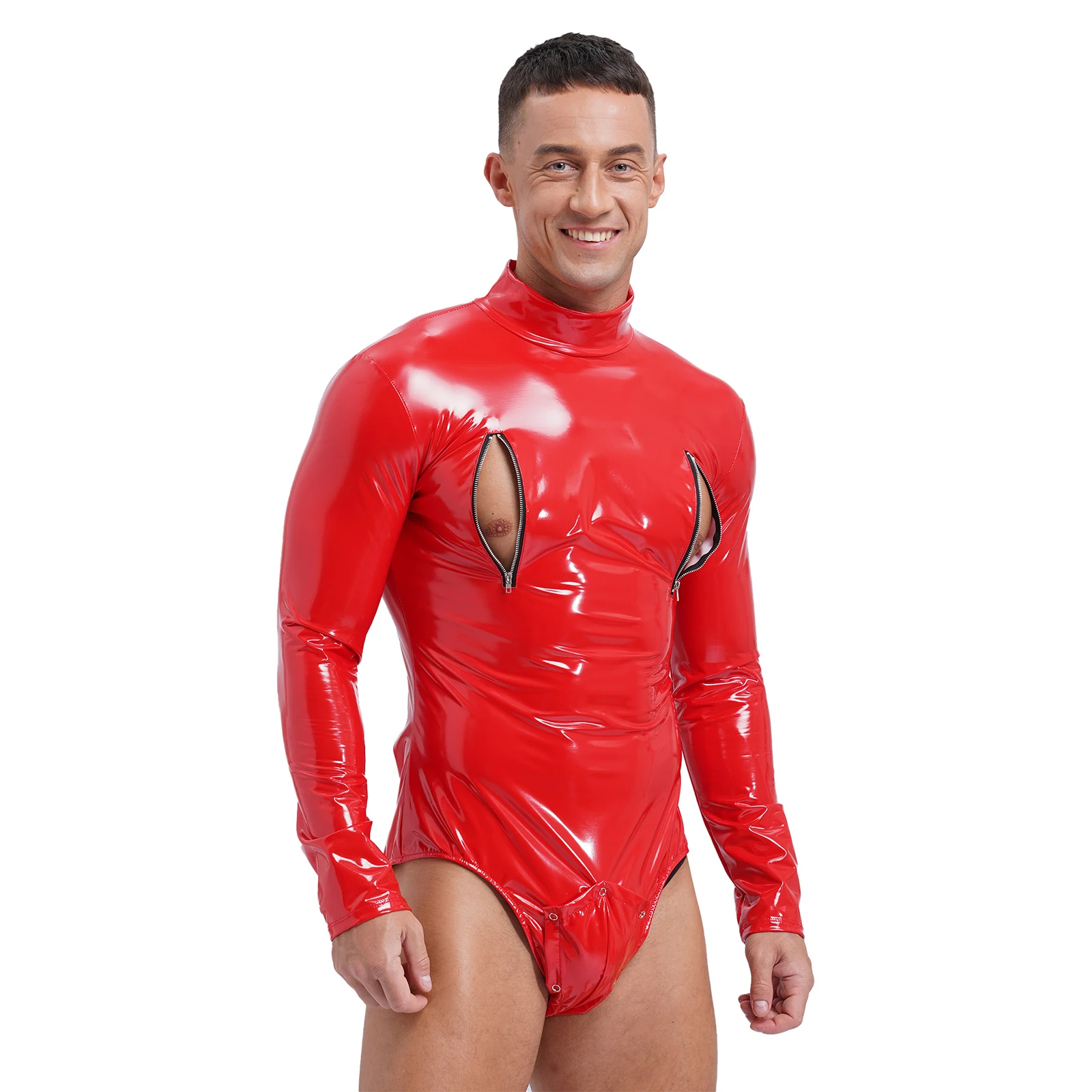 Shiny Sheath Latex Bodysuit Sexy Zipper Open Nipple Leather Catsuit Leotard Men Erotic Open Penis Hole Overall Jumpsuit Clubwear